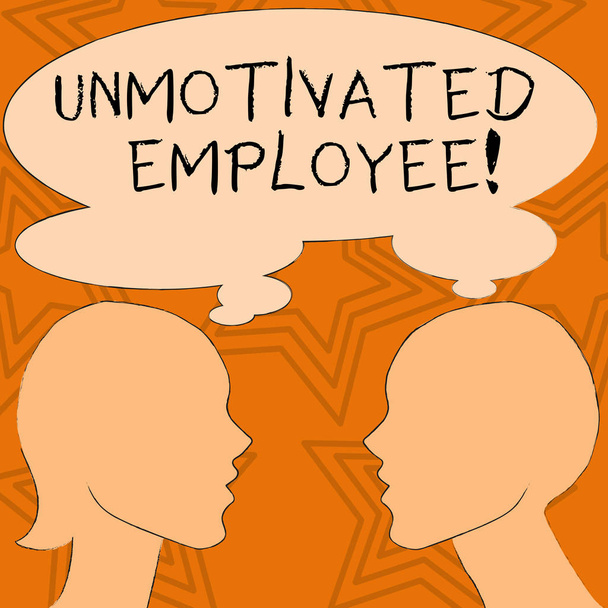 Writing note showing Unmotivated Employee. Business photo showcasing very low self esteem and no interest to work hard Silhouette Sideview Profile of Man and Woman Thought Bubble. - Photo, Image