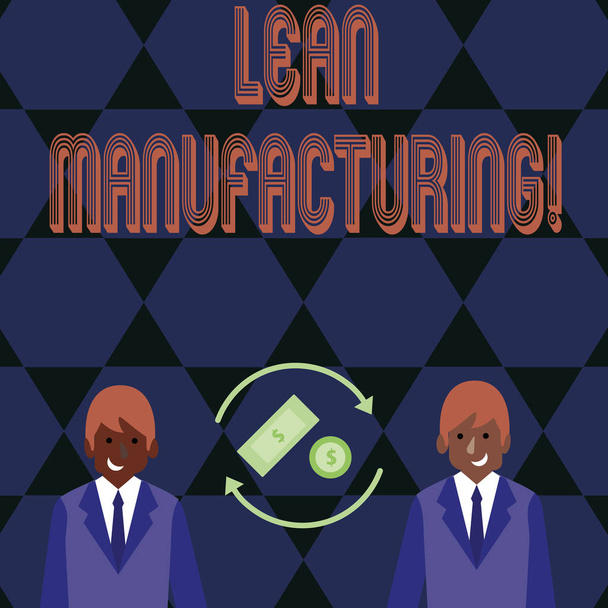 Word writing text Lean Manufacturing. Business concept for focus on minimizing waste within analysisufacturing systems Money in Dollar Currency Sign Inside Rotating Arrows Between Two Businessmen. - Photo, Image