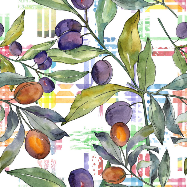 Olive branch with black and green fruit. Watercolor background illustration set. Seamless background pattern. - Фото, изображение