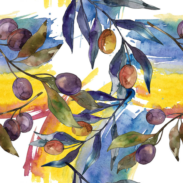 Olive branch with black and green fruit. Watercolor background illustration set. Seamless background pattern. - Φωτογραφία, εικόνα