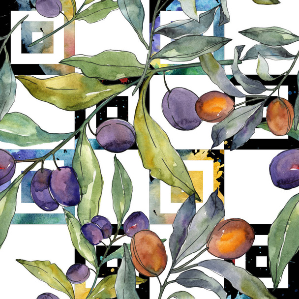 Olivová složka s černým a zeleným ovocem. Vodný obrázek pozadí-barevný. Bezespání vzorek pozadí. - Fotografie, Obrázek
