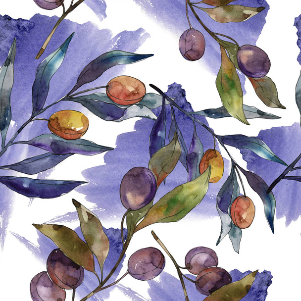 Olive branch with black and green fruit. Watercolor background illustration set. Seamless background pattern. - Foto, Imagen