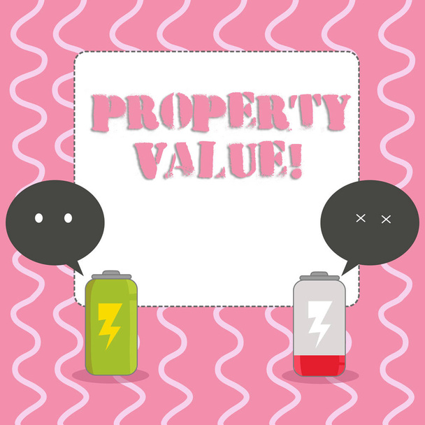 Text sign showing Property Value. Conceptual photo refers to the fair market value of a given piece of property Fully Charged and Discharged Battery with Two Colorful Emoji Speech Bubble. - Photo, Image