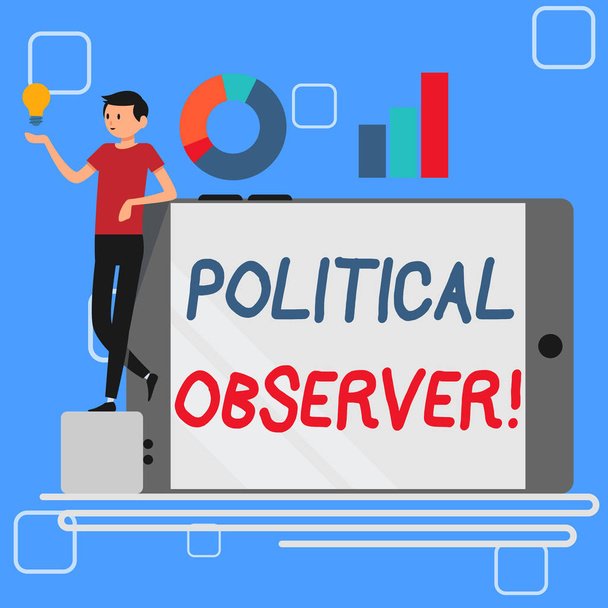 Handwriting text Political Observer. Concept meaning communications demonstrating who surveys the political arena Man Leaning on Blank Smartphone Turned on Its Side with Graph and Idea Icon. - Photo, Image