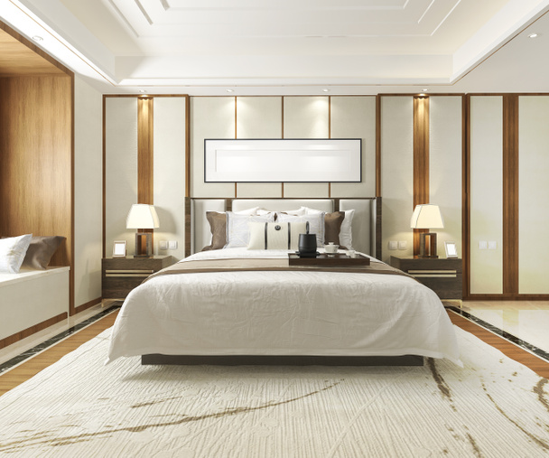 3Dレンダリングホテルの豪華な近代的なベッドルームスイート - 写真・画像