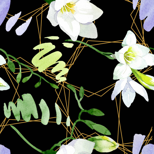 Fresia bianca fiori botanici floreali. Acquerello sfondo illustrazione set. Modello di sfondo senza soluzione di continuità
. - Foto, immagini