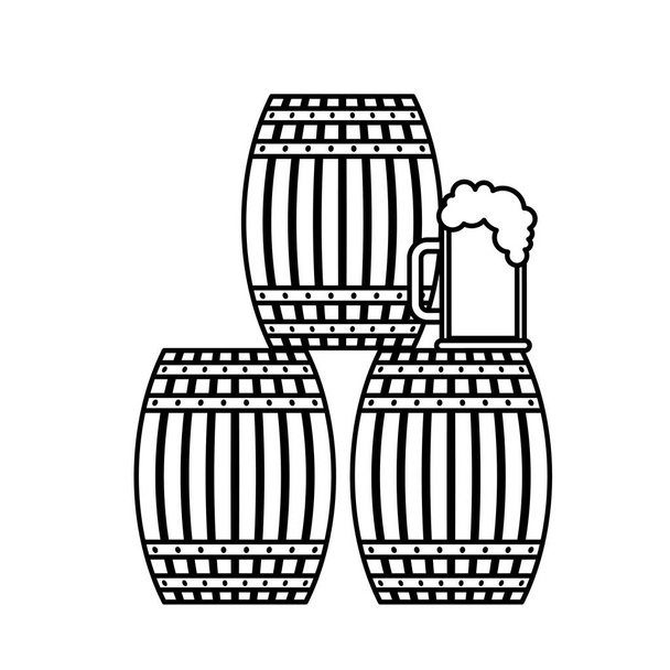 three beer barrel and glass cup foam - Vector, Image