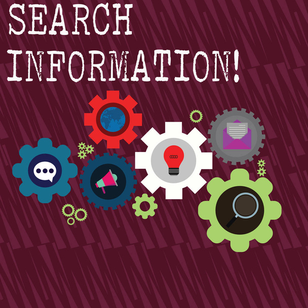 Word writing text Search Information. Business concept for the act or process of looking for someone or something Set of Global Online Social Networking Icons Inside Colorful Cog Wheel Gear. - Photo, Image