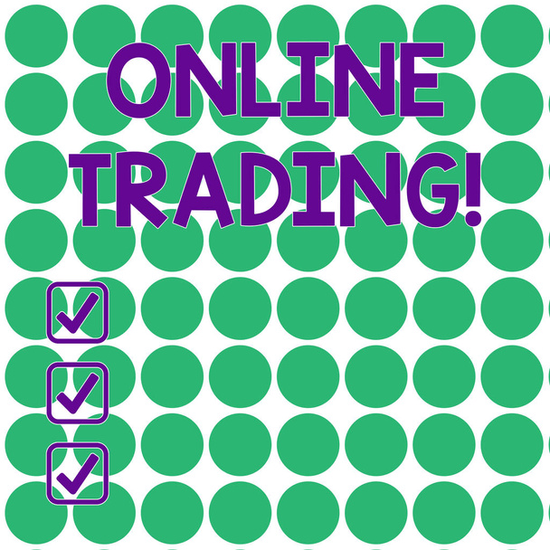 Pisanie pisma ręcznego Online Trading. Pojęcie oznacza kupno i sprzedaż produktów finansowych w Internecie bezszwowe zielone kręgi ułożone w rzędach i kolumnach na białym płaskim wzorze. - Zdjęcie, obraz