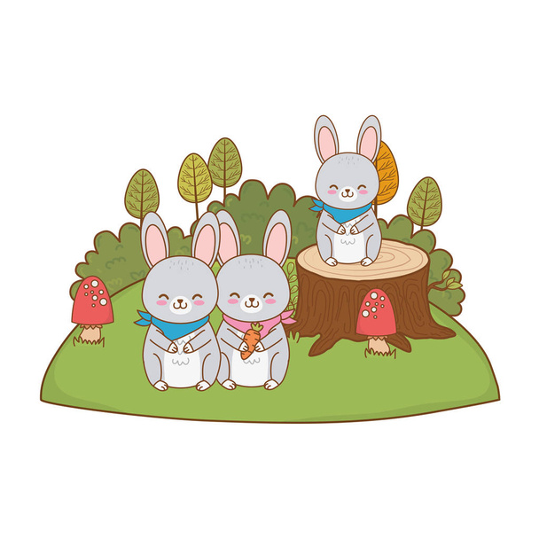 cute rabbits in the field woodland characters - Vector, Image