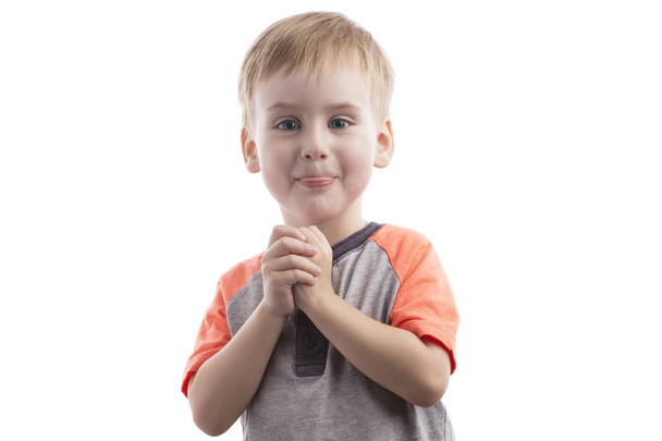 portrét radost radostné krásného malého chlapce izolovaných na bílém  - Fotografie, Obrázek
