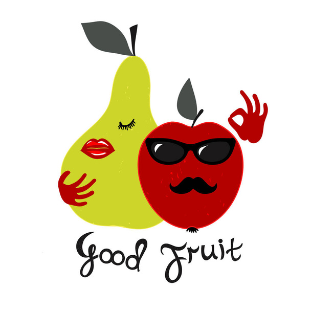 Buena fruta. Ilustración dibujada a mano de manzana roja y una pera verde con letras manuscritas sobre un fondo blanco
. - Foto, Imagen