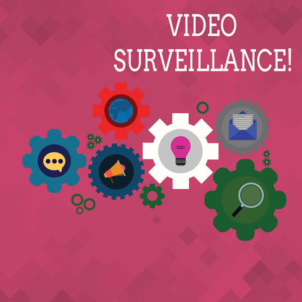 Text sign showing Video Surveillance. Conceptual photo system of monitoring activity in an area or building Set of Global Online Social Networking Icons Inside Colorful Cog Wheel Gear. - Photo, Image