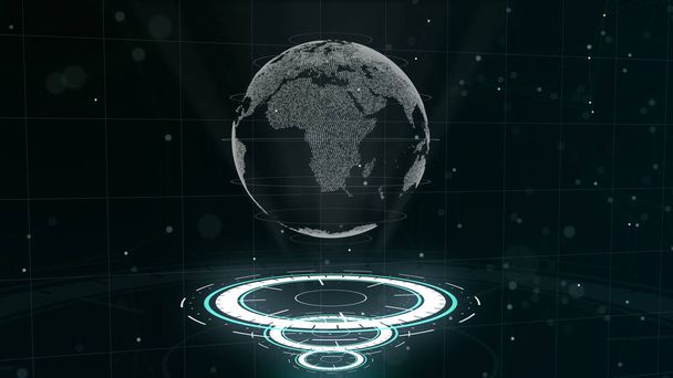 Digital data globe - abstract illustration of a scientific technology (en inglés). Red de datos. Alrededor del planeta tierra en tres círculos de bucle. 3D. De cerca. espacio de copia
. - Foto, Imagen
