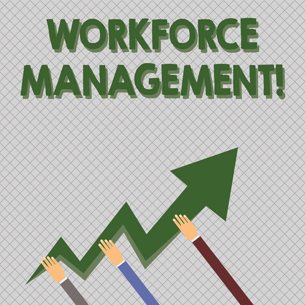 Conceptual hand writing showing Workforce Management. Business photo text use to optimize the productivity of its employees Hands Holding Zigzag Lightning Arrow Pointing and Going Up. - Photo, Image