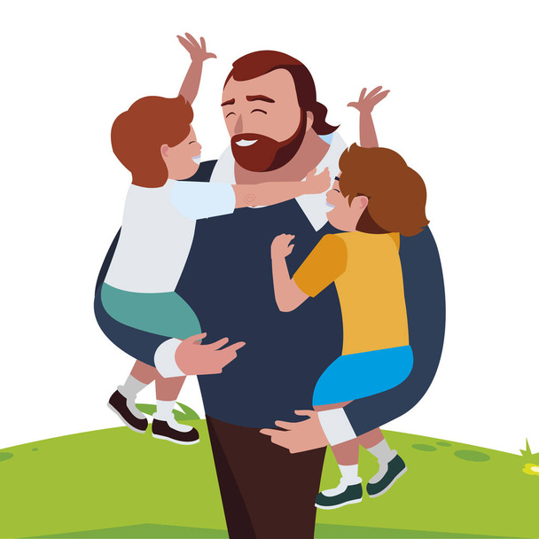 padre con hijos personajes en el campo
 - Vector, Imagen