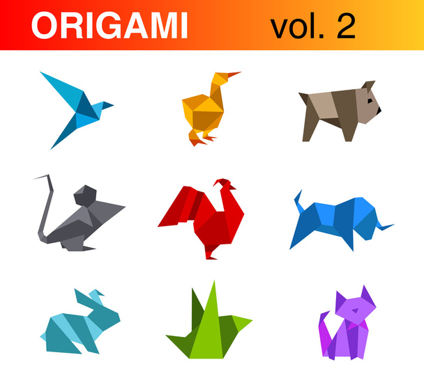 Origami dieren logo sjablonen collectie 2: vogel, eend, hond, muis, Haan, stier, konijn, kat. Vector. - Vector, afbeelding