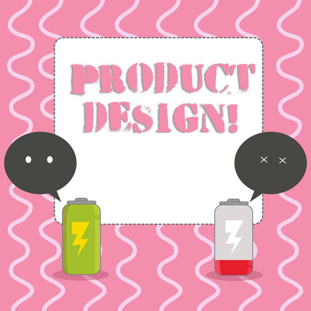 Text sign showing Product Design. Conceptual photo process of creating or improving a product for clients needs Fully Charged and Discharged Battery with Two Colorful Emoji Speech Bubble. - Photo, Image