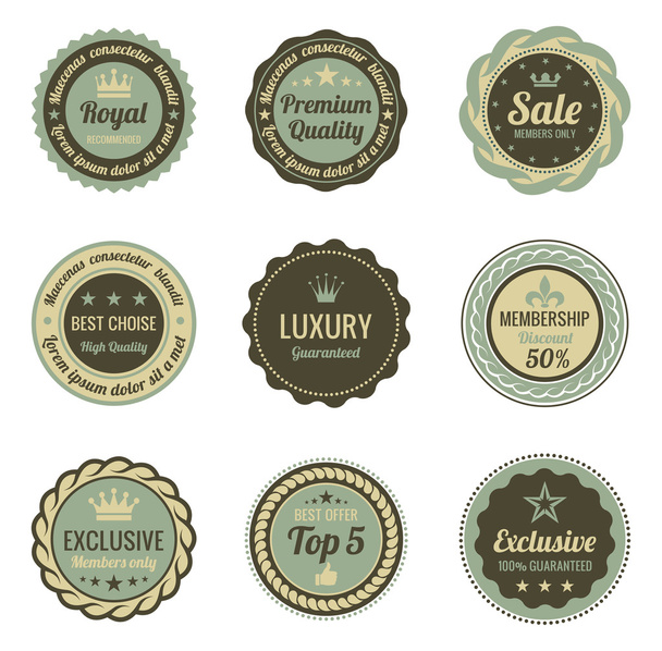 Vintage Labels set. Sale, Membership, Luxury style. Retro design. High quality. Retro logo template. High detail vector. - Vetor, Imagem