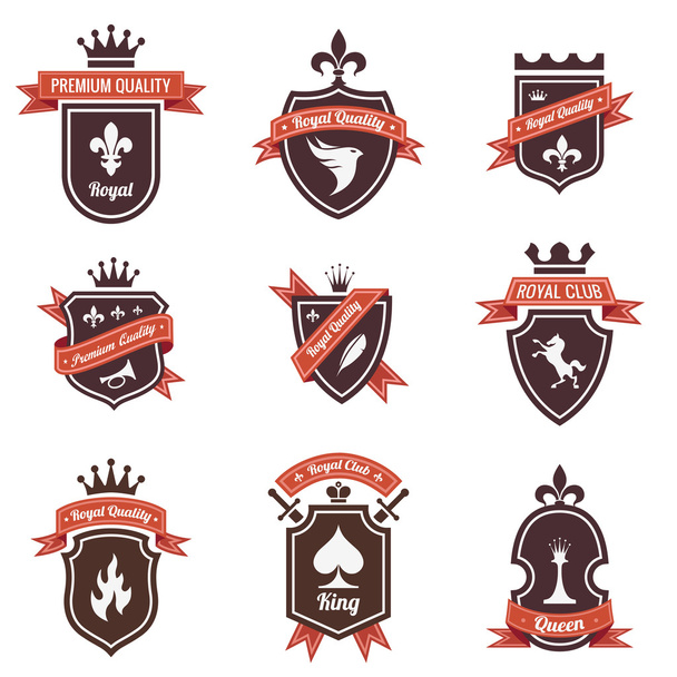 Vintage Labels set. Place your logo on shield. Copyspace. Shield with ribbon and crown. Coat of arms. Retro design. High quality. - Vector, Image