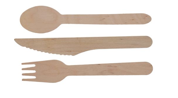 Wooden, disposable cutlery, tableware isolated on white background. Eco-friendly materials. - Photo, Image