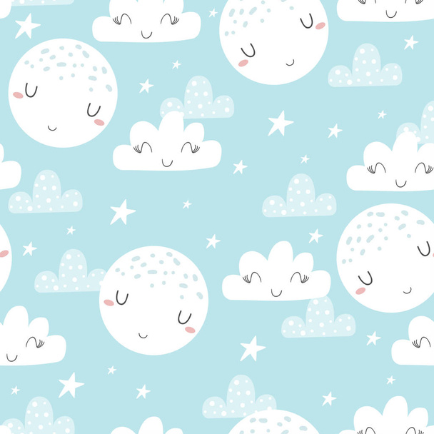 Cute hand drawn clouds and stars Seamless pattern. vector illustration. - Vector, Image