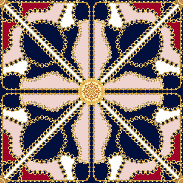 シームレスな金色のチェーン、金色のチェーンと幾何学的な装飾品を持つシルクのスカーフ。ファッションアクセサリーと正方形のパターン。赤と濃い青の色で.  - 写真・画像