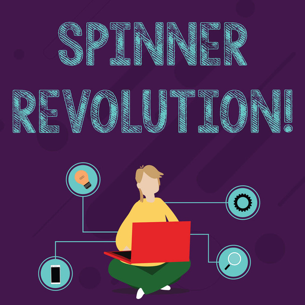 Kirjoitan muistiinpanoa Spinner Revolution. Business valokuva esittelee lelu, joka auttaa lievittämään stressiä ja selviytymään ahdistusta Nainen istuu ristissä jalat lattialla selailu kannettava tietokone
. - Valokuva, kuva