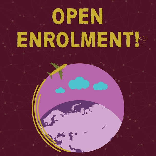 Handwriting text writing Open Enrolment. Concept meaning period during which members can choose an alternate plan Airplane with Moving Icon Flying Around Colorful Globe and Blank Text Space. - Photo, Image