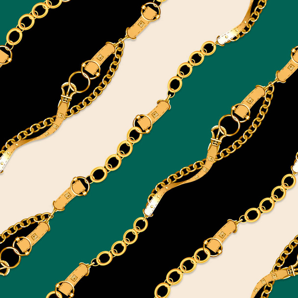 Dikişsiz altın zincirler ve kemer ler deseni. Tasarımı tekrarlayın. Kıvrımlı dalgalar, zincirler, DNA. Dekor, kumaş, baskı, tekstil için tasarım. yeşil ve siyah arka plan ile. Tekstil baskı için hazır. - Fotoğraf, Görsel
