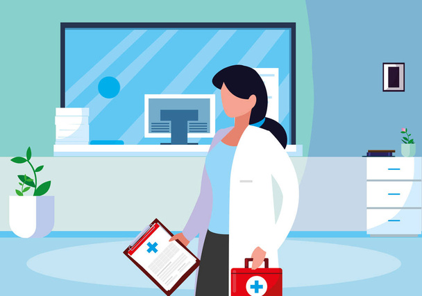 female medicine worker in clinic reception - Vector, Image