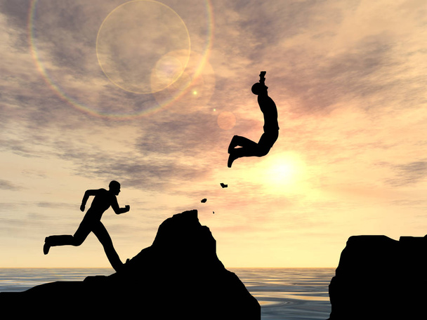 Concept of conceptuele 3d illustratie jonge man of zakenman silhouet sprong gelukkig van klif boven water gap zonsondergang of zonsopgang hemelachtergrond - Foto, afbeelding