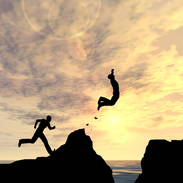 Concept or conceptual 3D illustration young man or businessman silhouette jump happy from cliff over water gap sunset or sunrise sky background - Photo, Image