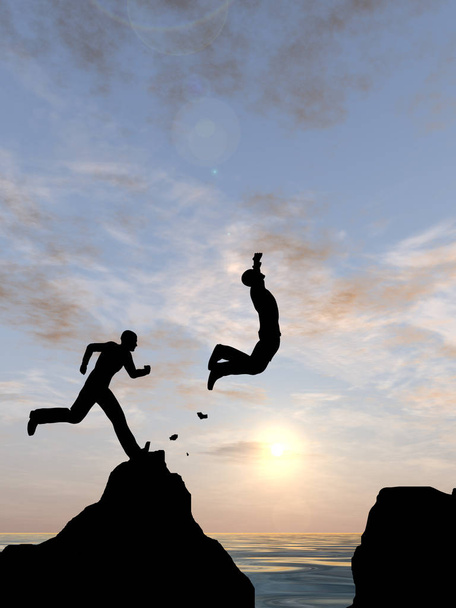 Concepto o ilustración conceptual 3D joven o hombre de negocios silueta salto feliz desde el acantilado sobre la brecha de agua puesta de sol o amanecer cielo fondo
 - Foto, Imagen