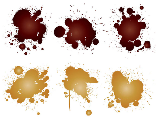 Vector collection of artistic grungy paint drop, hand made creative splash or splatter stroke set isolated white background. Abstract grunge dirty coffee stain group or graphic art vintage decoration - Vector, Image