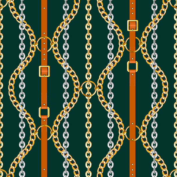 Seamless pattern with belts, gold and silver chains on dark green background for fabric. Trendy repeating print.  - Photo, Image