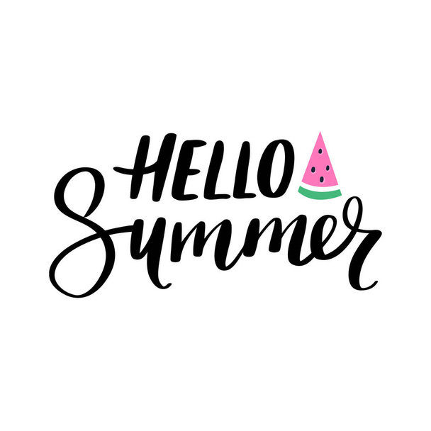 Hello Summer vector lettering. Handwritten calligraphy with watermelon. - Vector, Image