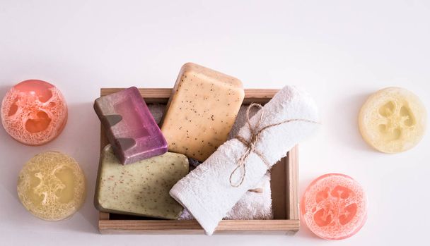 Spa composition on white background soap in box - Photo, Image