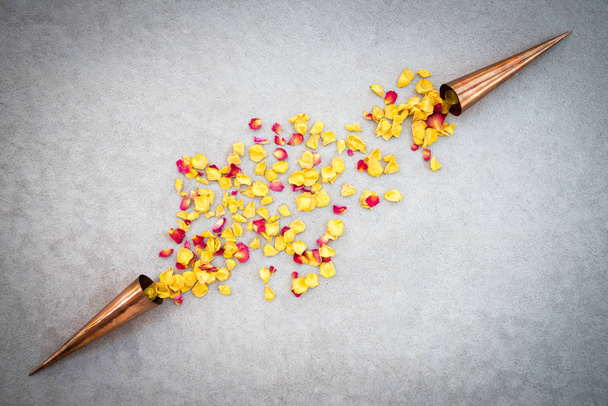 Медные шишки с лепестками роз на бетонной поверхности
 - Фото, изображение