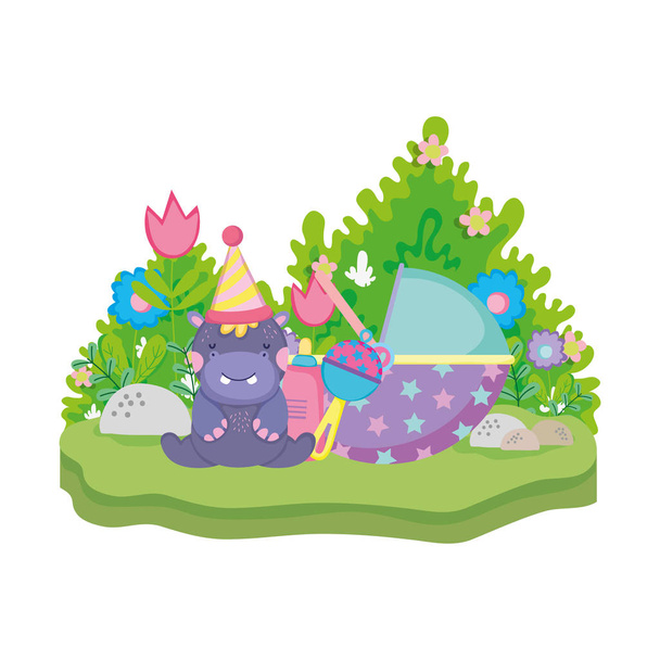 cute and little hippo character with party hat - Vector, Image