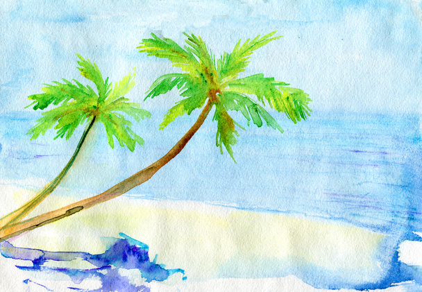 Aquarelle peinte paysage tropical avec palmier
 - Photo, image