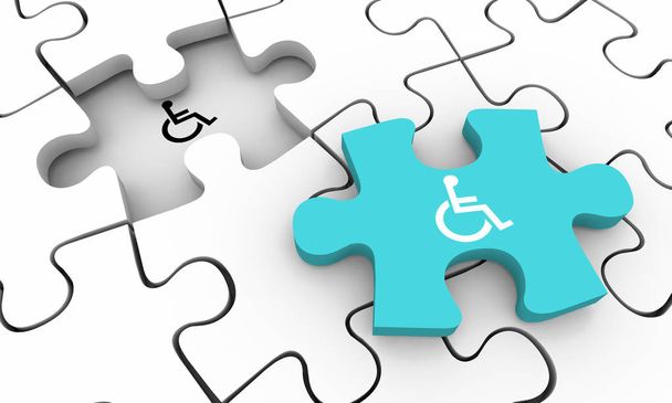車椅子障害者シンボル障害パズルピース解決策3Dイラスト - 写真・画像