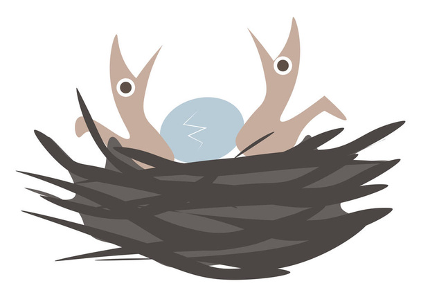 2匹のかわいい雛と1つの卵を持つ美しい鳥の巣は、ベクターの色の描画やイラストをハッチングする上にあります - ベクター画像