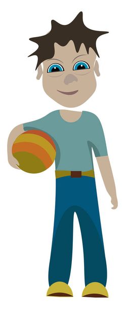 Een volledig gekleed jonge jongen met een bal in zijn hand die klaar is om te spelen vector kleur tekening of illustratie - Vector, afbeelding