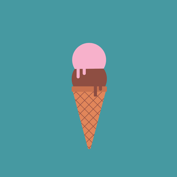 A cone of chocolate ice-cream with double scoop of chocolate and strawberry vector color drawing or illustration - Vektor, Bild