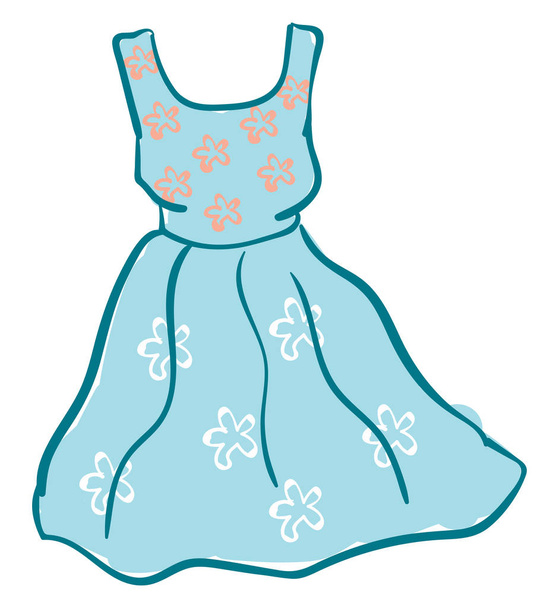 Довга добре розроблена сукня синього кольору з квітковими малюнками на ній Векторний кольоровий малюнок або ілюстрація
 - Вектор, зображення