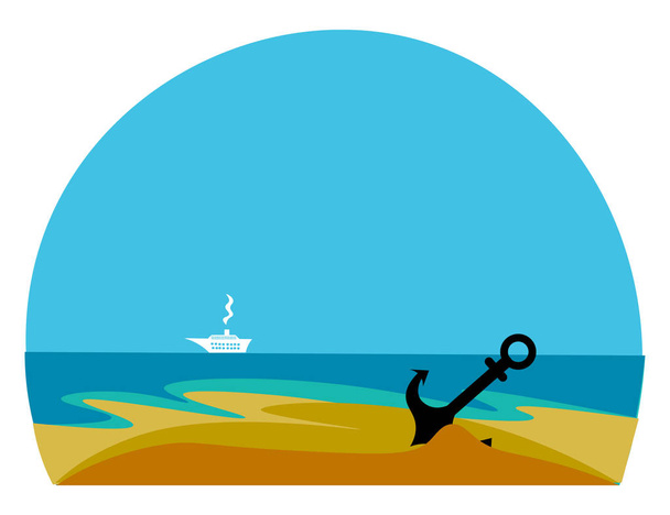 A beautiful landscape with an anchor and a sailing ship over the background the line where the sky meets the sea  vector  color drawing or illustration - Vector, Image