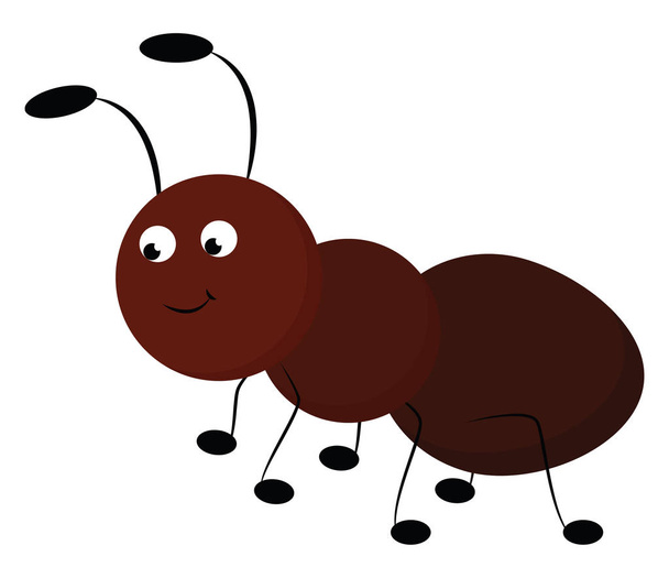 Emoji van een bruin-gekleurde mier met twee zwarte antennes gezwollen buik glimlacht tijdens het lopen met zijn dunne zwarte voeten vector kleur tekening of illustratie - Vector, afbeelding