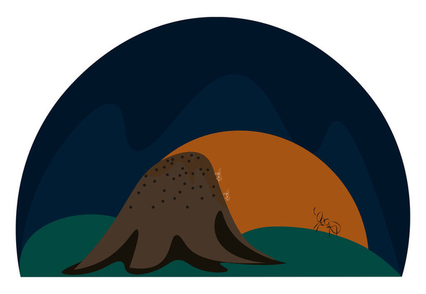 Een landschap van een opkomende zon en een mierenhoop in de vorm van een heuvel gebouwd door mieren vector kleur tekening of illustratie - Vector, afbeelding