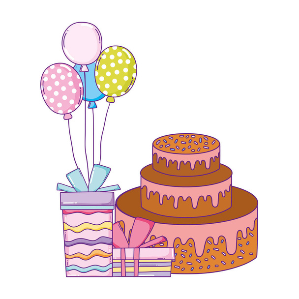 partij zoete taart met geschenken en ballonnen helium - Vector, afbeelding